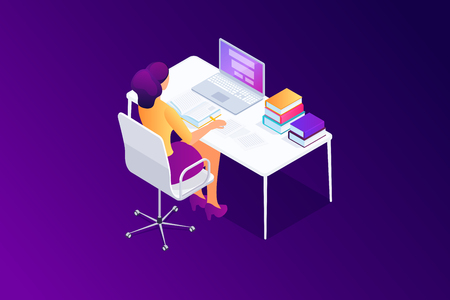 Isometric concept busy woman using laptop, doing homework, studying, young female reading book, make notes, writing article, essay, scientific work, 3d vector illustration on purple backgroundのイラスト素材