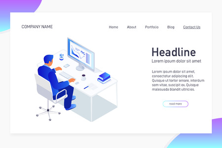 Concept of web site main page, landing page with isometric concept man work with business statistics, manager using computer at workplace, presentation with graph and diagram, 3d vector illustrationのイラスト素材