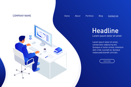 Concept of web site main page, landing page with isometric concept man work with business statistics, manager using computer at workplace, presentation with graph and diagram, 3d vector illustrationのイラスト素材