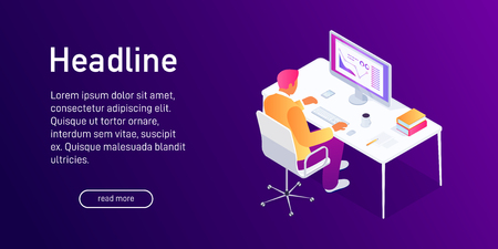 Isometric concept of analyze business statistics, landing page design, man, manager writing report, using computer at workplace, presentation with graphs and diagrams, 3d vector illustrationのイラスト素材