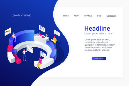 Concept of web site main page, landing page with isometric concept business statistics, people analyze diagrams, graphs, market research, e-commerce, 3d vector illustrationのイラスト素材