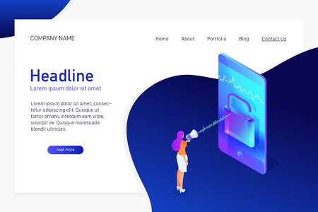 Landing page template with isometric concept unlock phone by voice, website main page, character with megaphone talking to smartphone, using mobile device, opened padlock, vector illustrationのイラスト素材