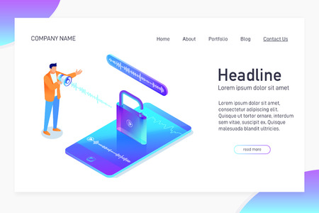 Landing page template with isometric concept of voice recognition, website main page, man unlock phone, mobile device security, character with loudspeaker, opened padlock, vector illustrationのイラスト素材