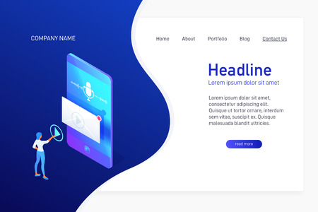 Landing page template with isometric concept playing voice message on phone, website main page, woman press button, microphone icon and soundwave on smartphone screen, vector illustrationのイラスト素材