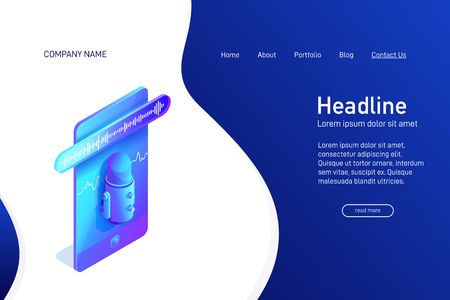 Landing page template with isometric concept of voice recording on phone, website main page, using microphone app, voice message, soundwave on smartphone screen, vector illustrationのイラスト素材