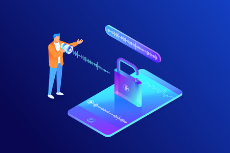Isometric concept of voice recognition, man unlock phone, mobile device security, character with loudspeaker, opened padlock, 3d vector illustrationのイラスト素材