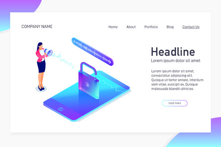 Landing page template with isometric concept of voice recognition, unlock phone, website main page, smartphone security, information safety, character with loudspeaker, vector illustrationのイラスト素材