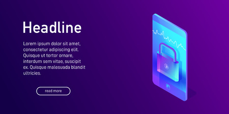 Isometric concept of voice recognition, landing page design, biometrics, voice recognition, data and information security, closed padlock icon on smartphone screen, 3d vector illustrationのイラスト素材