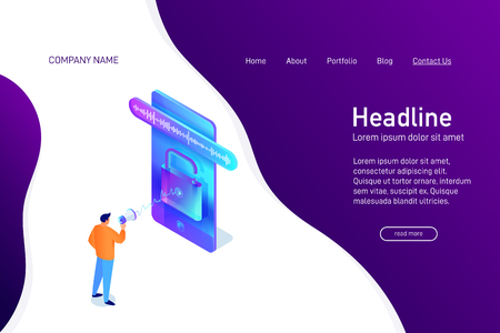Landing page template with isometric concept, man unlock phone by voice, website main page, character with megaphone talking to smartphone, using mobile device, opened padlock, vector illustrationのイラスト素材