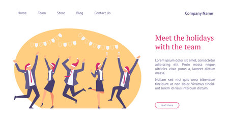 Landing page template with flat concept office christmas celebration, happy businessmen in santa hats, team celebrates new year, website homepage, corporate party, vector illustrationのイラスト素材