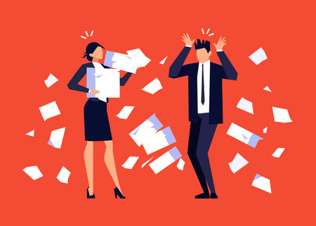 Businesswoman and businessman in a flat style isolated on red background. People is stressed from hard paperwork. Shocked office workers. Deadline. Vector illustration.のイラスト素材