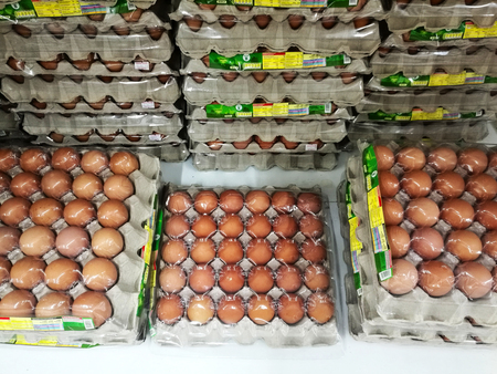 Fresh stacked chicken eggs in the trays in supermarketのeditorial素材
