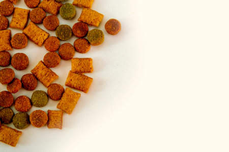 dry cat food lies on a white background