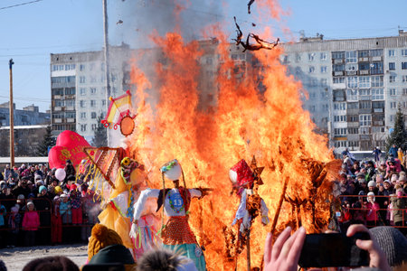 Novokuznetsk, Russia, 03.11.2020.on the occasion of the celebration of Maslenitsa, effigies are burned,のeditorial素材