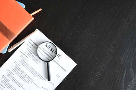 Top view Flat lay of Resume close-up with copy space.の写真素材