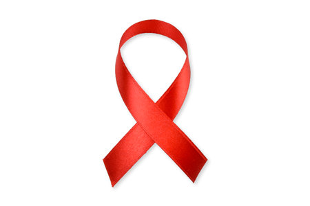 Clipping path. Red ribbon isolated on white background. Red bow isolated. World cancer day. Birthday ribbon. Red awareness ribbon. Ribbon Banner. Red Labels.の写真素材
