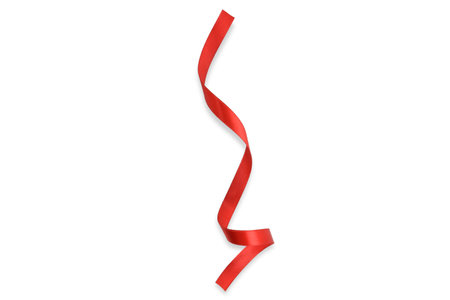 Clipping path. Red ribbon isolated on white background. Red ribbon decoration. Birthday ribbon. Shiny Red Ribbon Rolled isolated view.の写真素材
