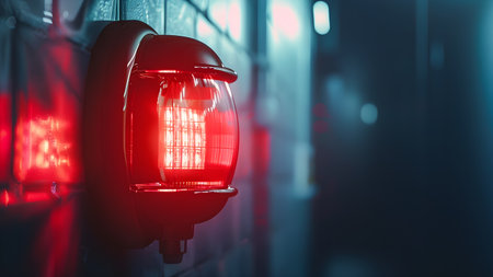 A red light on the wall of a building in the night.