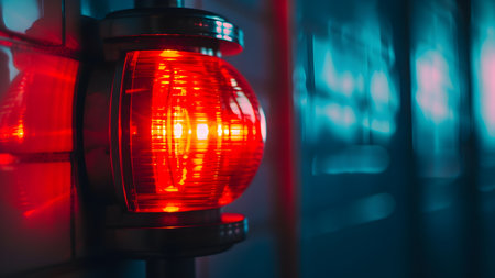 Close-up of a red light on a blue background. Selective focus.