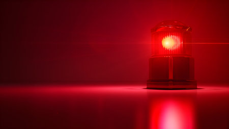 3d rendering of a red light on a red background with reflectionの写真素材