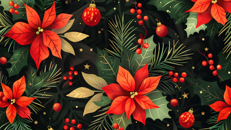 Seamless Christmas pattern with poinsettia flowers and berries. Vector illustration.の素材