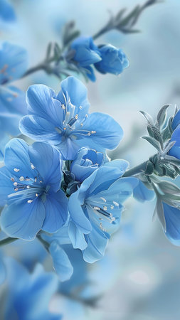 Beautiful blue flowers on a blue background. Delicate floral background.