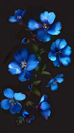 Blue flowers on a black background. Close-up. Floral background.の写真素材
