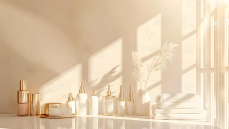 Cosmetics bottles on the table in the bathroom. 3d renderingの写真素材