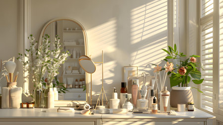 3d render of bathroom interior with mirror, cosmetics and flowers.の写真素材