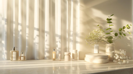 Cosmetic products on the table in the bathroom. 3d renderingの写真素材