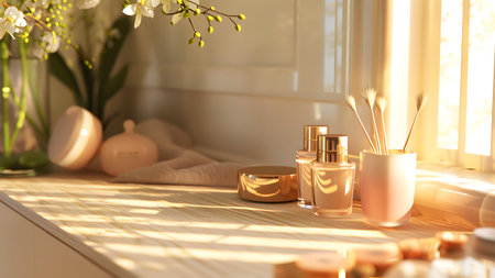 Bathroom interior with cosmetic products and flowers in sunlight, closeupの写真素材