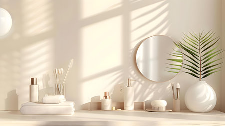 3d render. Bathroom interior with round mirror, cosmetic products and tropical palm leaf.の写真素材