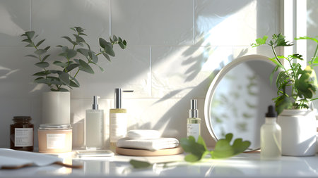 Beautiful spa composition on white table in bathroom, 3D renderingの写真素材