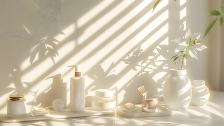 Cosmetic products on white table in sunlight. 3d rendering.の写真素材