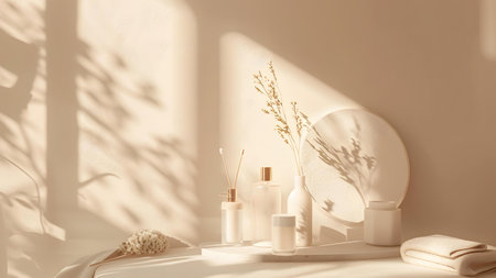 Body care products on white table with plant shadows. Mock up, 3D Renderingの写真素材
