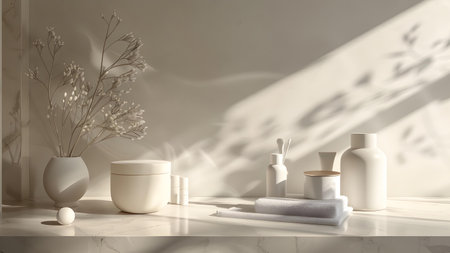 3d render of bathroom interior with cosmetic products and plant shadow on the wallの写真素材