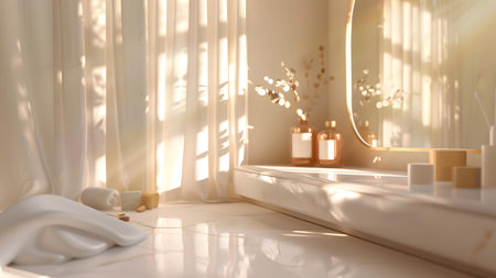 Modern bathroom interior design with white walls, tiled floor and window with sunlight. 3d renderの写真素材
