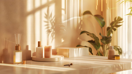 Cosmetic products on white marble countertop in bathroom with sunlight. 3d renderの写真素材