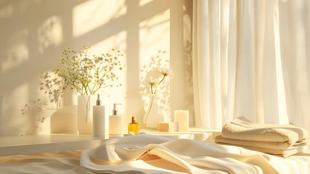 Bathroom interior with towel, soap and flowers. 3d renderの写真素材