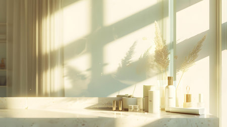 Luxury bathroom interior with white walls, concrete floor, white bathtub and window with sunlight. 3d renderingの写真素材