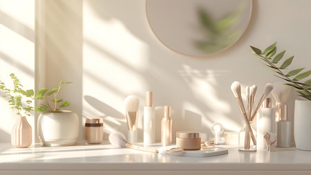 Ceramic cosmetic products on table in bathroom, 3d renderの写真素材