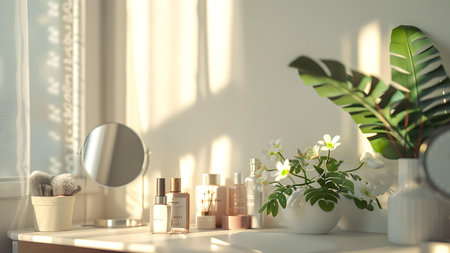 Cosmetic products on dressing table in bathroom.の写真素材