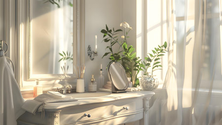 Bathroom interior with sink, mirror and decorative plants. 3d renderの写真素材