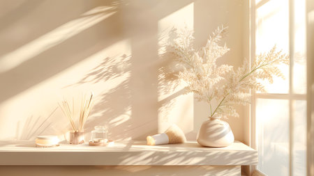 Interior with wooden shelf, plant and candles. 3d renderの写真素材