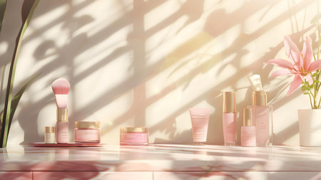 Skin care serum, gel, concealer and eyeshadow setle vanity table, under sunlight and floral shadows, luxury beauty product designの写真素材