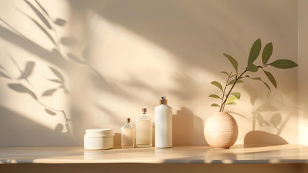 Cosmetic bottles and plant on the table. 3d rendering.の写真素材