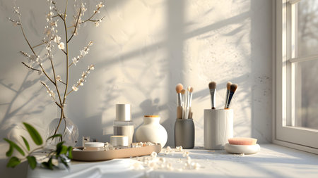 Bathroom interior with brushes, cosmetic products and flowers. 3D renderingの写真素材