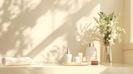 Spa and beauty products on the table in bathroom. 3d renderingの写真素材