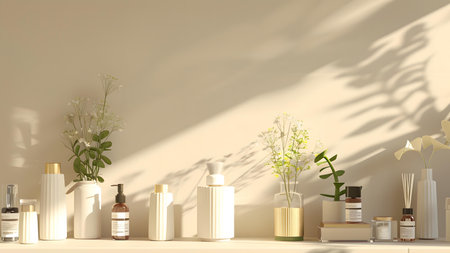 3d render of a shelf with cosmetic products and plants in the roomの写真素材