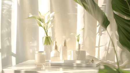 Beautiful spa composition on white table in room. Skincare productsの写真素材